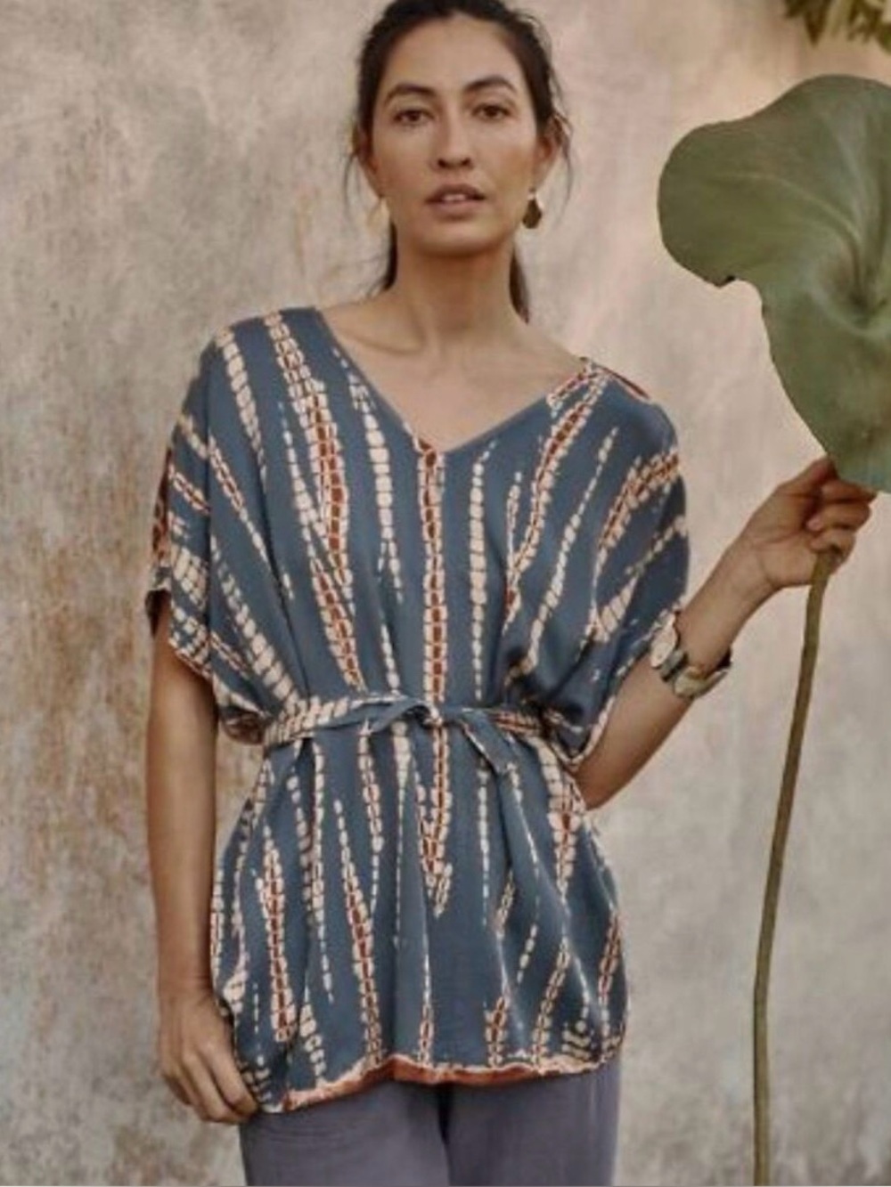 J. Jill Elements Blue Brown Tie Dye Kaftan Tie Waist Boho Blouse Rayon Top Large
